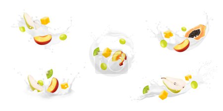 Illustration for White yogurt drink, milk swirl and wave splash with tropical fruits. Realistic isolated 3d vector set of milky shakes with fresh peach, grape berries, kiwi slices and papaya half, pear or mango dice - Royalty Free Image
