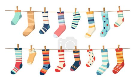 Illustration for Socks on clothesline, cotton or wool socks hanging on rope with clothespins, cartoon vector. Socks laundry on line with pins, socks with color ornament pattern hanging on clothesline for kids design - Royalty Free Image