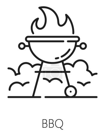 Illustration for Real estate thin line icon with BBQ zone grill. House rent market linear symbol, real estate property, loan company or dwelling sale service outline vector sign or pictogram with barbeque grill - Royalty Free Image