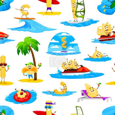 Téléchargez les illustrations : Personnages de pâtes de dessin animé sur la plage d'été, motif sans couture. Impression vectorielle textile avec rigati, spaghetti, fettuccine et cavatappi, pâtes conchiglioni personnage mignon surf, nager en vacances - en licence libre de droit