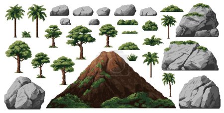 Ilustración de Dinosaurio era entorno pixel juego activos, palmeras, piedras y volcán de montaña, vector de conjunto. Mundo jurásico 8bit pixel juego elementos de rocas de piedra y árboles verdes para dinosaurios aventura isla - Imagen libre de derechos