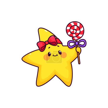 Téléchargez les illustrations : Cartoon mignon personnage étoile kawaii avec des bonbons. Drôle petit personnage vecteur étoile scintillant avec visage heureux et sourire. Émoticône de l'espace comique avec sucette tourbillonnante et noeud de ruban rouge, émoji céleste mignon - en licence libre de droit