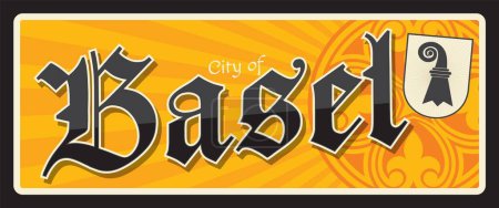 Illustration for Basel or Basle, Swiss city. Vector travel plate or sticker, vintage tin sign, retro vacation postcard or journey signboard, luggage tag. Switzerland souvenir plaque with coat of arms - Royalty Free Image