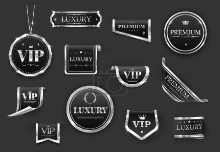 Illustration for Silver VIP luxury labels or banners, tags, ribbons and stickers. Vector corner ribbon, premium quality award, certificate stamp, medal and guarantee seal with glossy frames, royal crowns and stars - Royalty Free Image