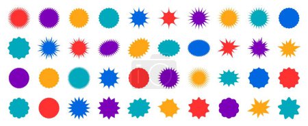 Illustration for Starburst sale price labels or stickers and seals, oval and sunburst, colorful vector. Sale callout splash, star and rosette stamps or tag badges for price promotion labels or discount promo sticker - Royalty Free Image