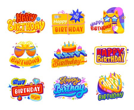 Illustration for Happy birthday badge and greetings stickers. Kids happy birthday party congratulating or invitation banners, anniversary celebration vector badge or label with cartoon typography, holiday cake and cat - Royalty Free Image