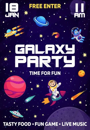 Illustration for Galaxy party flyer with cartoon astronaut riding rocket, ufo, alien, stars and space planets. Vector invitation poster with funny cosmonaut in the universe landscape. Invite to show, festival event - Royalty Free Image
