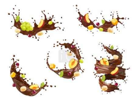 Téléchargez les illustrations : Yaourt au chocolat réaliste, crème ou boisson au lait au chocolat tourbillonnent de fruits tropicaux. Isolé flux vectoriels 3D réalistes avec un kiwi coloré et frais, raisin, canneberge, pêche et mangue ou banane - en licence libre de droit