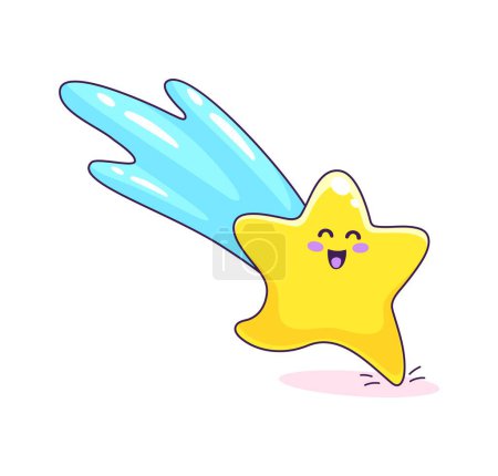 Illustration for Cartoon funny kawaii shooting star character. Happy twinkle star vector personage flying down with shining blue tail. Space emoji or celestial emoticon of shooting superstar character - Royalty Free Image