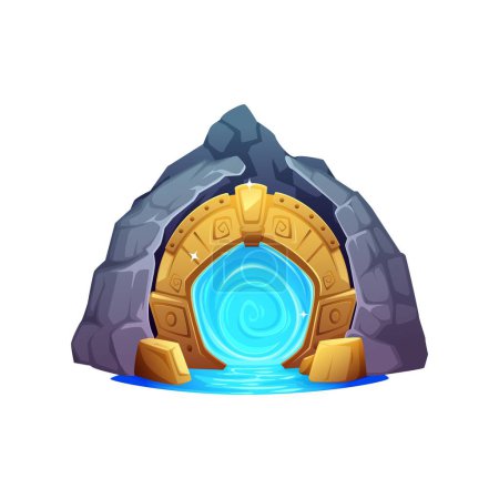 Illustration for Fantasy game cartoon magic portal door. Isolated vector shimmering doorway, adorned with arcane or rune symbols, beckons adventurers to mystical realms, discover enchanted landscapes and magical quest - Royalty Free Image