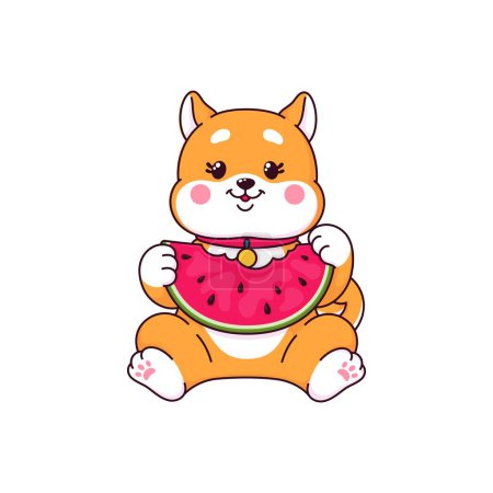Illustration for Cartoon Japanese happy Shiba Inu puppy dog character. Comical small Japanese dog character, kawaii animal pet personage, Shiba Inu cute isolated vector cheerful mascot eating watermelon - Royalty Free Image