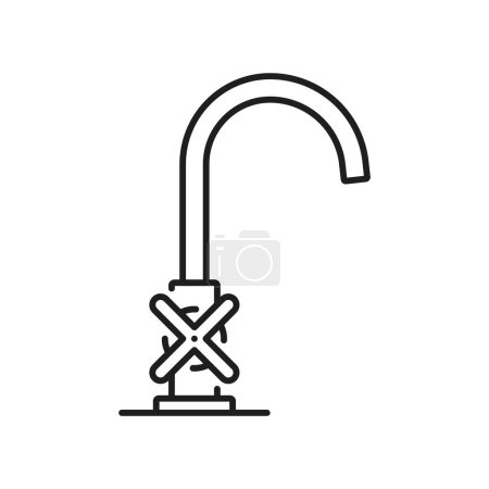 Téléchargez les illustrations : Robinet cuisine et salle de bain robinet de compression ligne icône. Robinet à robinet de baignoire, mélangeur d'eau de toilette ou icône vectorielle linéaire de robinet d'eau de cuisine. Accueil bain robinet moderne signe de ligne mince ou pictogramme - en licence libre de droit
