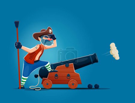 Illustration for Cartoon pirate gunner or corsair sailor character with cannon, vector man personage. Pirate in corsair tricorne hat with skull, Caribbean adventure sea filibuster or corsair gunner with cannon - Royalty Free Image