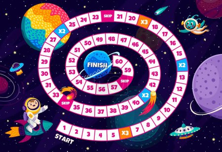Illustration for Board step game with galaxy space planets, kid astronaut on rocket, ufo and alien. Vector riddle for players advancing through celestial realms and cosmic challenges, stellar journey of skill and fun - Royalty Free Image