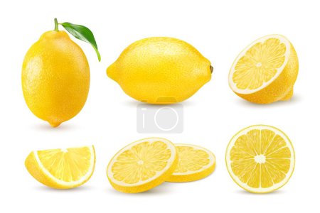 Illustration for Realistic ripe yellow lemon, whole citrus fruit slices and half cut, isolated vector 3D food. Fresh lemon citrus fruit with leaf and cut section lobule for juice or organic food product package - Royalty Free Image