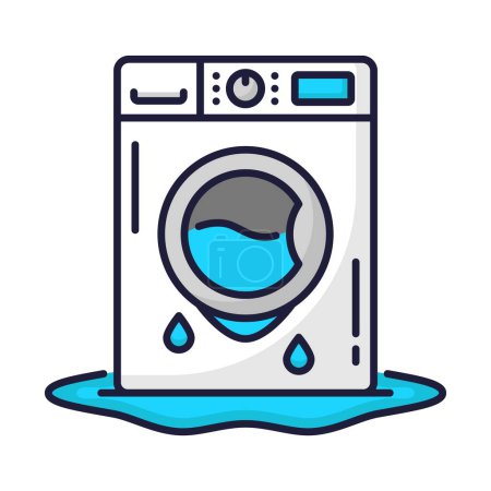 Illustration for Color plumbing service icon with broken washing machine. Toilet, pipe, bathroom problems. Home appliances repair service, plumbing problem fixing or sewage cleaning thin line vector icon or sign - Royalty Free Image