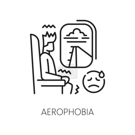 Human aerophobia phobia icon, mental health. Fear of flying problem, mental disorder thin line vector pictogram. People psychology problem line symbol or icon with man flying on plane