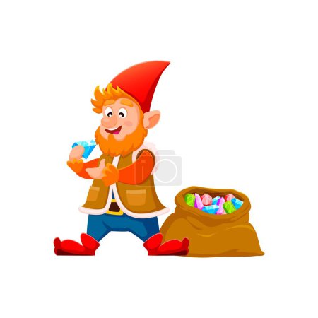 Illustration for Cartoon gnome or dwarf character with treasure. Isolated vector fantastical personage with friendly grin, joyfully presents collection of colorful mined gemstones, sparkling with enchanting brilliance - Royalty Free Image