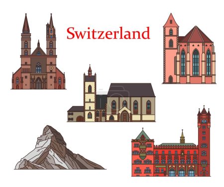 Suiza monumentos, iglesias y catedrales de Basilea, edificios de arquitectura vectorial. Catedral de Minster y pico de montaña de Matterhorn, iglesia Leonhardskirche, ayuntamiento y torre de Saint Alban