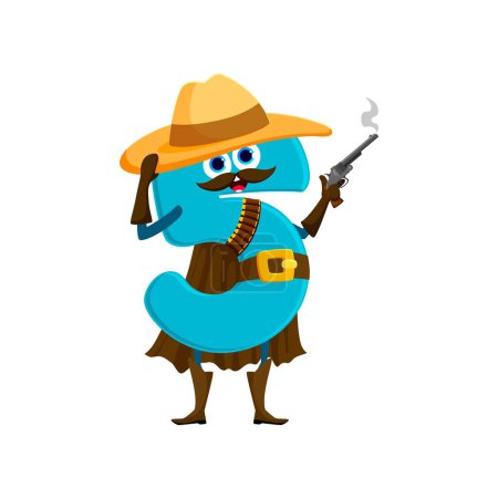 Illustration for Cartoon cowboy, sheriff, and robber math number character. Isolated vector grinning 5 personage in tilted hat, brandishes a revolver, ready for a numerical showdown in the wild equations of learning - Royalty Free Image