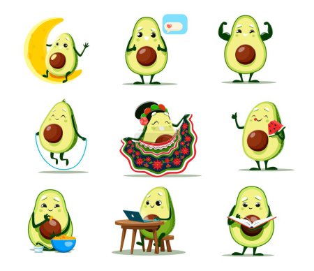 Cartoon avocado characters vector set. Cute vegetable sitting on the moon, showing muscles, jump with rope and dancing flamenco. Eating watermelon or nachos, reading book, chatting and work on laptop