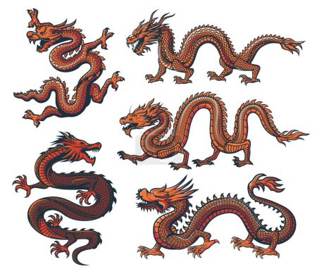 Ilustración de Dragón asiático, China zodíaco o chino y japonés cultura oriental monstruo, vector animal. Dragones asiáticos para el festival chino de año nuevo lunar y símbolo de prosperidad o tatuaje de dragón oriental desollador - Imagen libre de derechos
