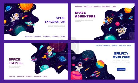 Illustration for Space galaxy landing pages with cartoon space planets, kid astronauts, aliens and spaceships, vector website templates. Galaxy planets, alien UFO and spaceman in starry universe sky for landing page - Royalty Free Image