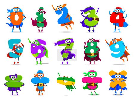 Illustration for Cartoon math number nine superhero characters wear cape and mask. Isolated vector one, two, three, four or five. Six, seven, eight and zero educational digit defenders. Plus or minus school personages - Royalty Free Image