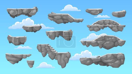 Téléchargez les illustrations : Plateformes de jeu de pierre de roche de bande dessinée sur fond vectoriel de ciel bleu et de nuages. Arcade, 2d vidéo et jeu d'ordinateur interface UI actifs ensemble de plates-formes de saut en pierre avec des roches grises, escaliers et pont - en licence libre de droit
