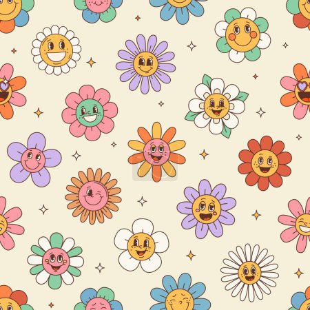 Ilustración de Retro hippie groovy margarita girasol feliz patrón de flores, cuenta con tonos vibrantes, pétalos arremolinados, y un caprichoso florece con caras de dibujos animados divertidos, evocando alegre ambiente vintage y nostalgia juguetona - Imagen libre de derechos