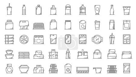 Illustration for Plastic food containers and package icons. Fast food meal and drinks delivery disposable containers and boxes, water, milk and sweet beverages bottles, preserves, cosmetics products packaging icons - Royalty Free Image