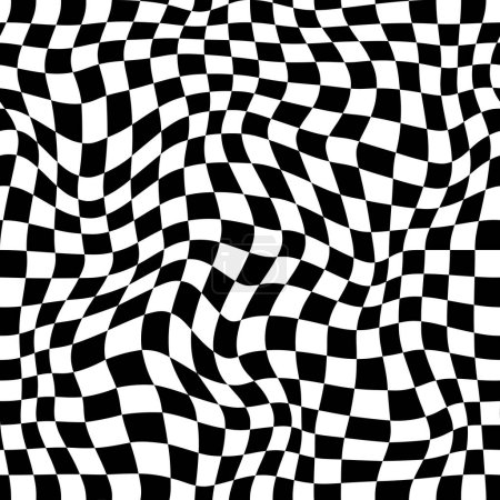 Illustration for Wavy checker pattern with optical illusion, trippy checkerboard vector background. Back white squares chessboard in swirl or spiral twist distortion for psychedelic and hypnotic visual effect pattern - Royalty Free Image