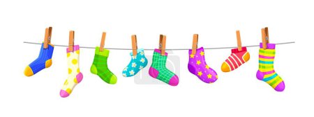 Illustration for Cotton and wool socks on clothesline rope with clothespins, cartoon vector background. Kids socks hanging on line with pins, socks with color ornament pattern hanging on laundry clothesline - Royalty Free Image