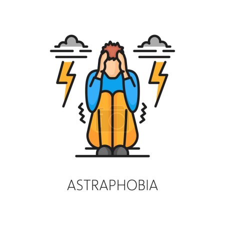 Illustration for Human phobia icon of astraphobia or fear of thunder lightning, vector color line. Mental health, psychology problems and mind disorder, astraphobia icon or anxiety and panic reaction to phobia - Royalty Free Image