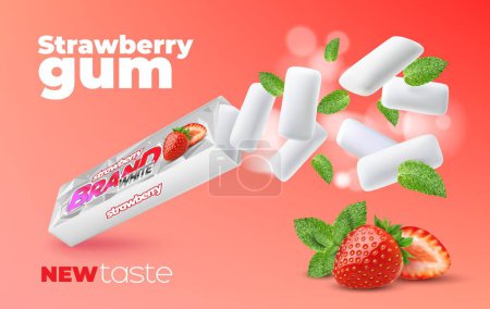 Illustration for Strawberry chewing gum with spearmint leaves, realistic vector product package background. Chewing gum pillows splash from pack with strawberry berry and mint leaf and fresh cool wave of white glare - Royalty Free Image
