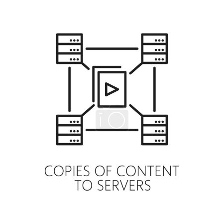 Illustration for Copies of content to servers. CDN, content delivery network icon of vector web technologies. CDN distribution system of media files, documents or software thin line sign with data center proxy servers - Royalty Free Image