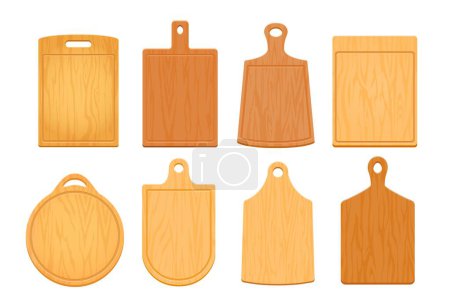 Cartoon wooden chopping boards or kitchen cutting plates of wood, vector set. Food chopping boards, circle for pizza, round and square chopping plates for table or cooking with holes in handles