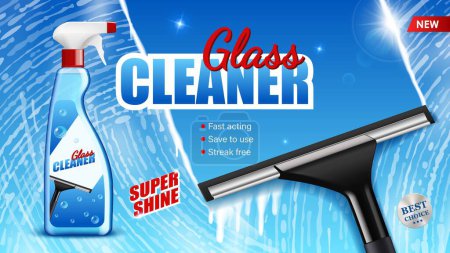 Illustration for Window glass cleaner, product ad poster with spray bottle and squeegee scraper, vector background. Glass cleaning detergent or window clean spray mockup advertising poster with foam and clear shine - Royalty Free Image