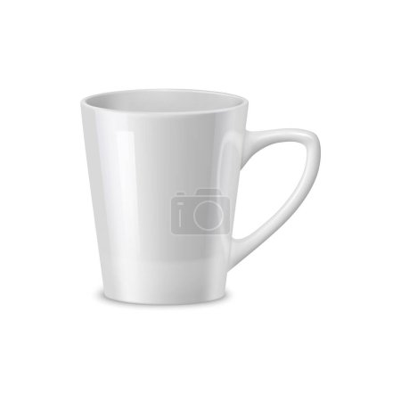Realistische Kaffeetasse und Teetasse aus weißer Keramik, Geschirr-Attrappe. Isolierter 3D-Vektor-Becher aus Porzellan mit Henkel und glänzender Oberfläche. Seine stylische, spitz zulaufende Form perfekt für das tägliche Koffein-Ritual
