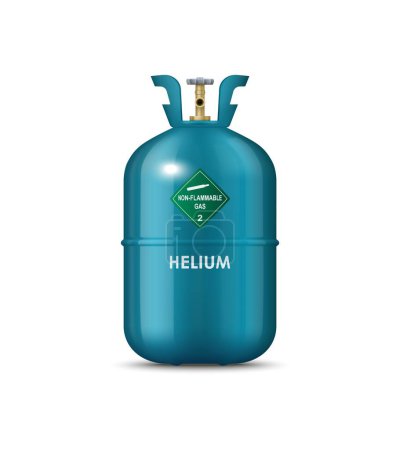 Illustration for Realistic helium gas metal cylinder. Isolated vector tank contain non-flammable content, its metal surface reflects light, stands upright, with a pressure gauge and a nozzle, ready to inflate balloons - Royalty Free Image