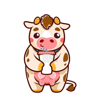 Illustration for Cartoon cute cow character with milk or milkshake drink cup and drinking straw, isolated vector. Happy funny cow or farm animal with udder and drinking milk for dairy beverage product or baby food - Royalty Free Image