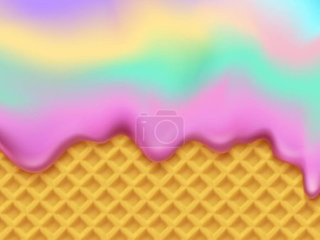 Illustration for Realistic rainbow ice cream drip melt on wafer background, vector dessert food. Waffle with sweet candy syrup or rainbow ice cream melt or icing glaze flow on wafer pattern and texture background - Royalty Free Image