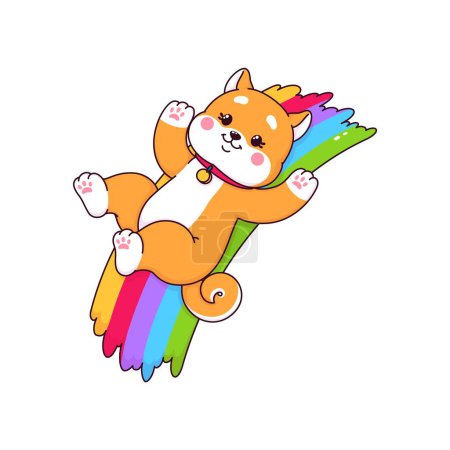 Ilustración de Dibujos animados Shiba Inu perro en arco iris, lindo cachorro mascota o animal divertido, vector kawaii carácter. Shiba Inu cachorro perro cabalgando en arco iris, feliz perro emoji en cachorro jugando divertido para bebé mascota carácter - Imagen libre de derechos