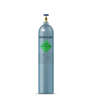 Illustration for Realistic nitrogen gas cylinder, compressed gas metal balloon. Isolated vector tall silver tank with non-flammable symbol. Sturdy valve on top, essential gas for industrial and scientific processes - Royalty Free Image