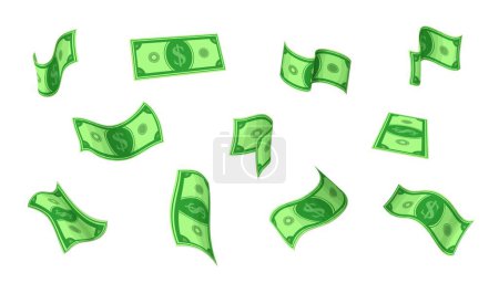 Flying cartoon dollar banknotes or cash money bills, vector paper currency. Floating green banknotes with dollar sign for jackpot win, finance banking or investment, rich life and money success