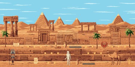 Téléchargez les illustrations : Carte de niveau de jeu d'arcade pixel art 8bit avec pyramides égyptiennes antiques et momie, arrière-plan vectoriel. Palmiers et cobra serpent, plates-formes d'escaliers et manuscrits avec des temples de l'Egypte ancienne pour jeu d'arcade 8 bits - en licence libre de droit