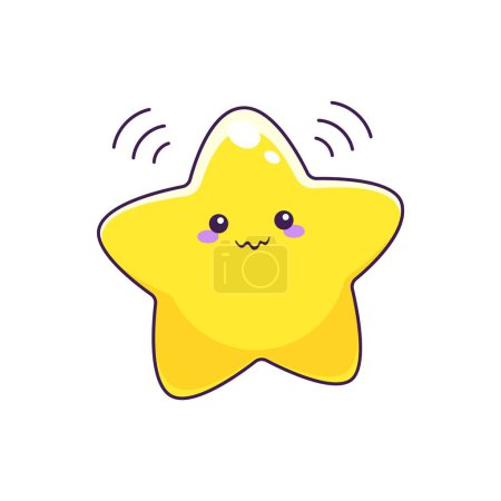 Ilustración de Caricatura lindo personaje estrella kawaii con sonrisa tímida y cara. Personaje espacial vectorial, divertido pequeño emoji estrella brillante o emoticono superestrella avergonzado brillando en el cielo con rayos de color amarillo brillante - Imagen libre de derechos