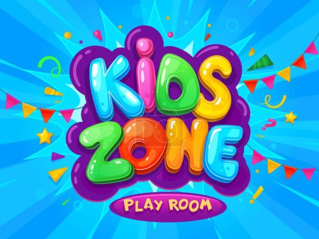 Illustration for Kid zone banner for children area playground or playroom, vector cartoon blue background. Fun and game play room colorful bubble letters with flags and confetti splash for kid zone or playground - Royalty Free Image