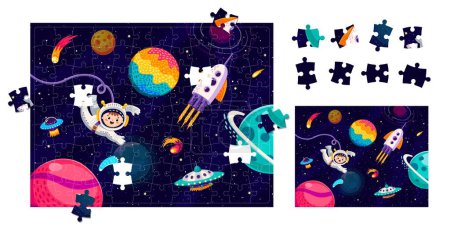 Ilustración de Espacio rompecabezas juego de piezas con galaxia estrellada, astronauta niño, OVNI y cohete espacial. Forma conectar rompecabezas, figura búsqueda vector quiz hoja de trabajo con chico en traje espacial, nave espacial en el espacio exterior - Imagen libre de derechos