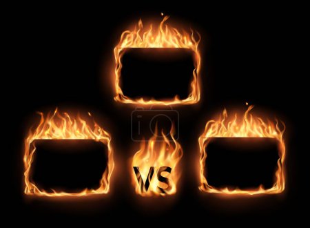 Illustration for VS versus fire frames for fight battle competition and MMA sport, vector flame borders. Boxing game or sport match challenge VS versus banner frames of burning fire for fight battle or rivals combat - Royalty Free Image